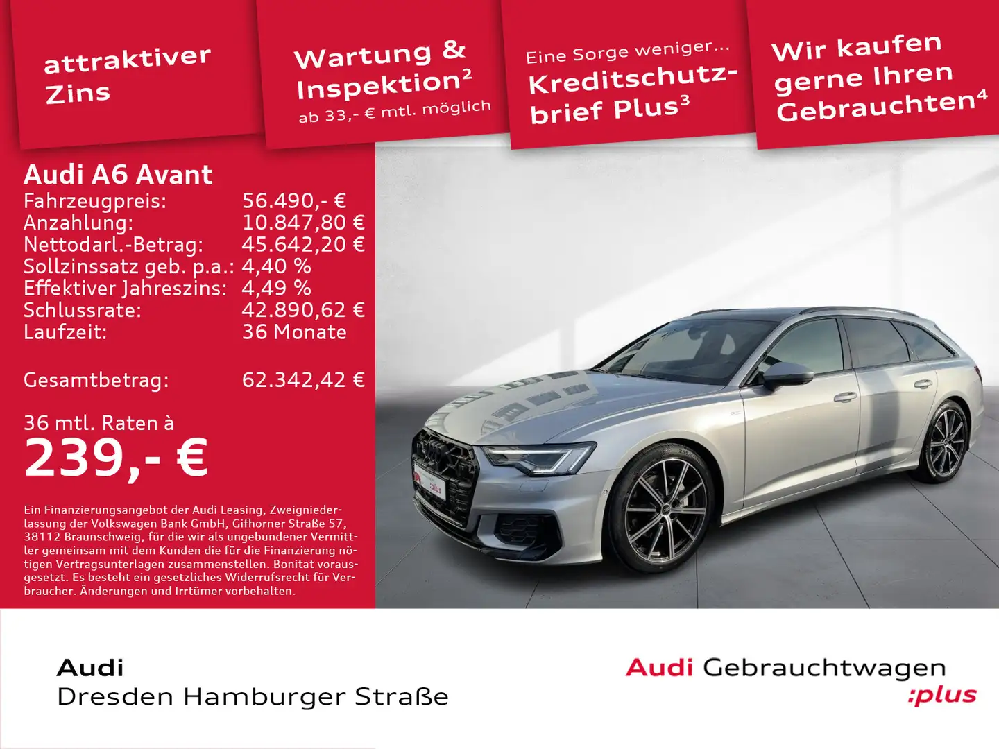Audi A6 45 TDI S line quattro Matrix Pano AHZV Silber - 1