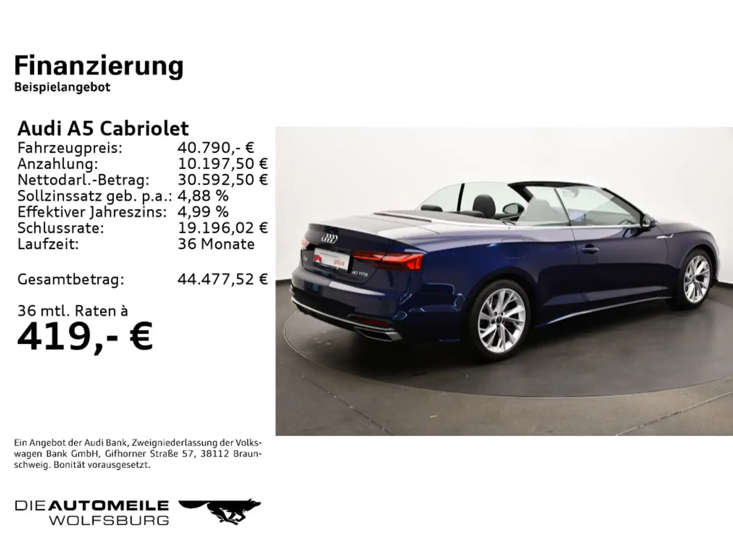 Audi A5 A5 Cabrio 40 TFSI S tronic advanced LEDER/NAVI/L Blau - 2
