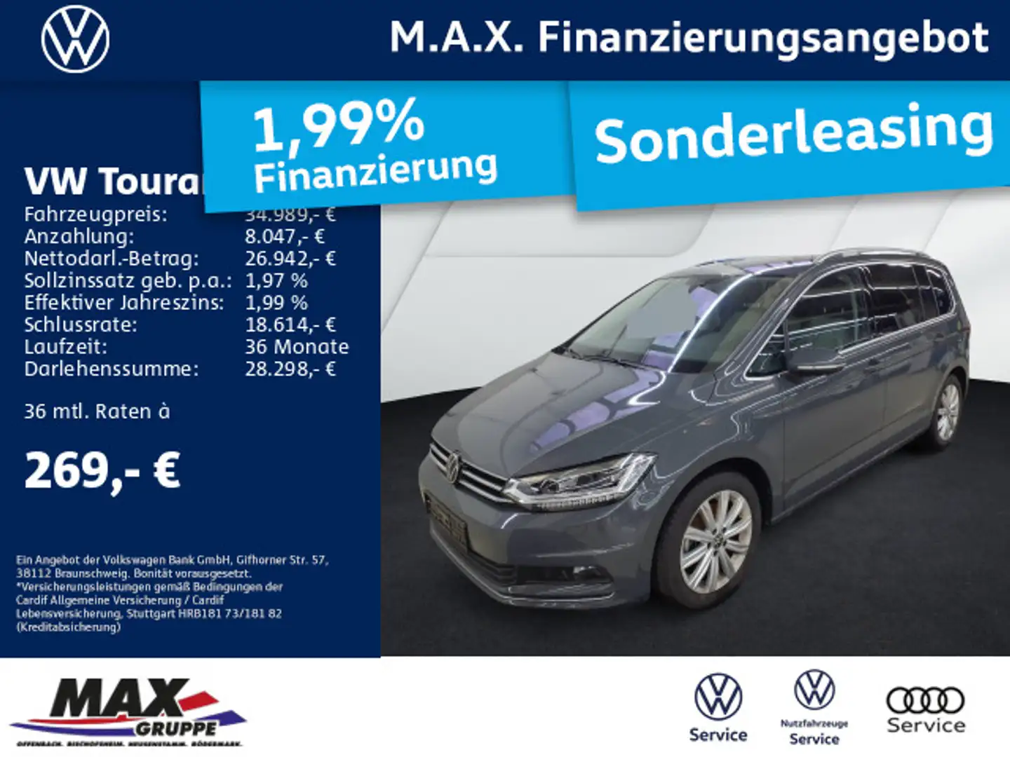Volkswagen Touran 2.0 TDI HIGHLINE 7-SITZE +LED+KAMERA+AHK+ Grijs - 1