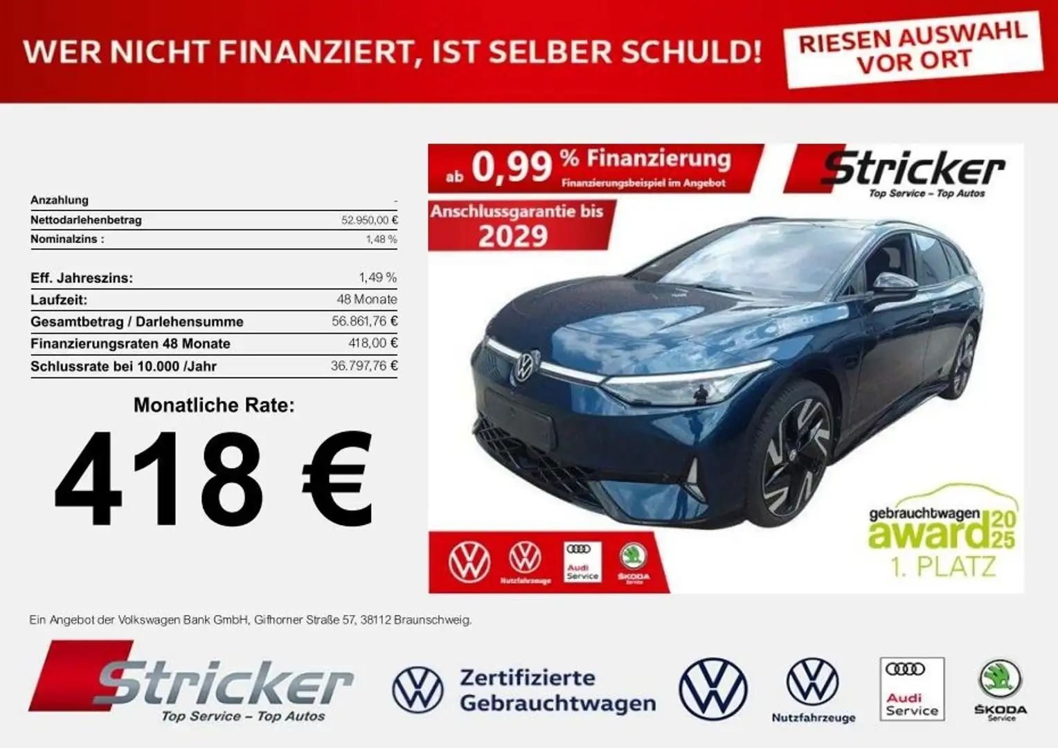 Volkswagen ID.7 Tourer GTX 250/77 418,-ohne Anzahlung AHK Wärmepu Blau - 1
