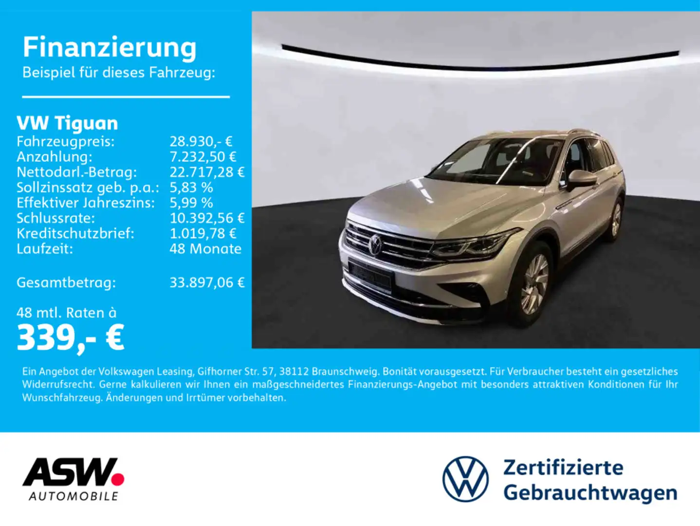Volkswagen Tiguan Elegance 2.0 TDI DSG Navi 360° Stdhzg AHK Silber - 1