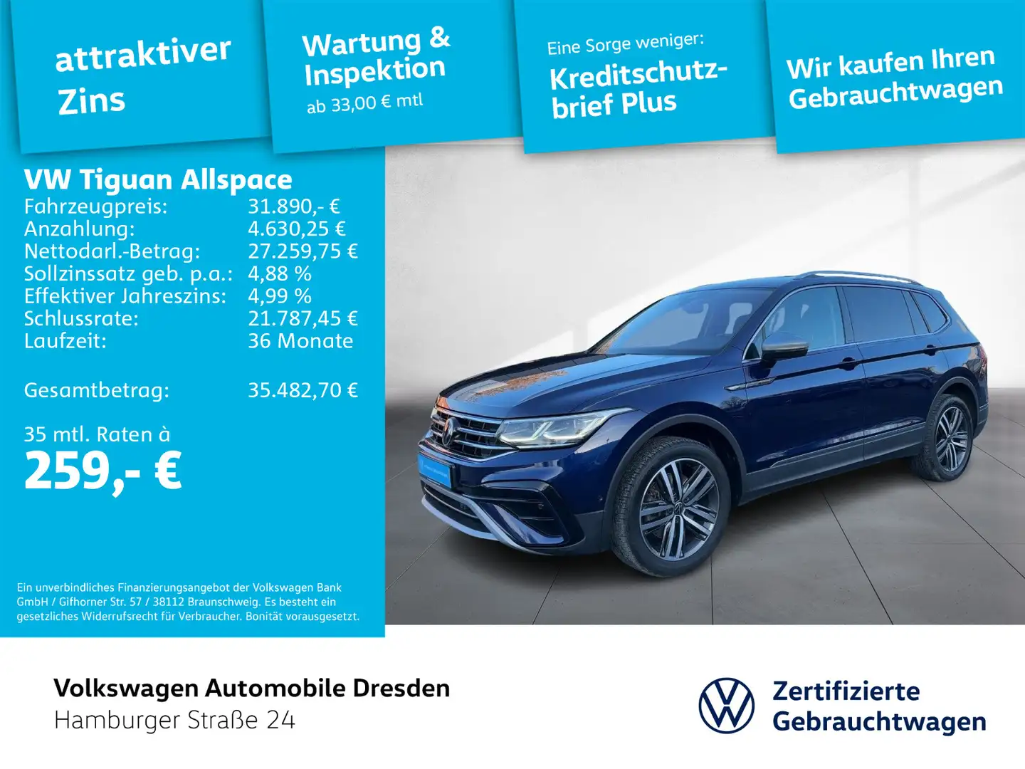 Volkswagen Tiguan Allspace Elegance 2.0 TDI 4M DSG AHK HUD Blau - 1