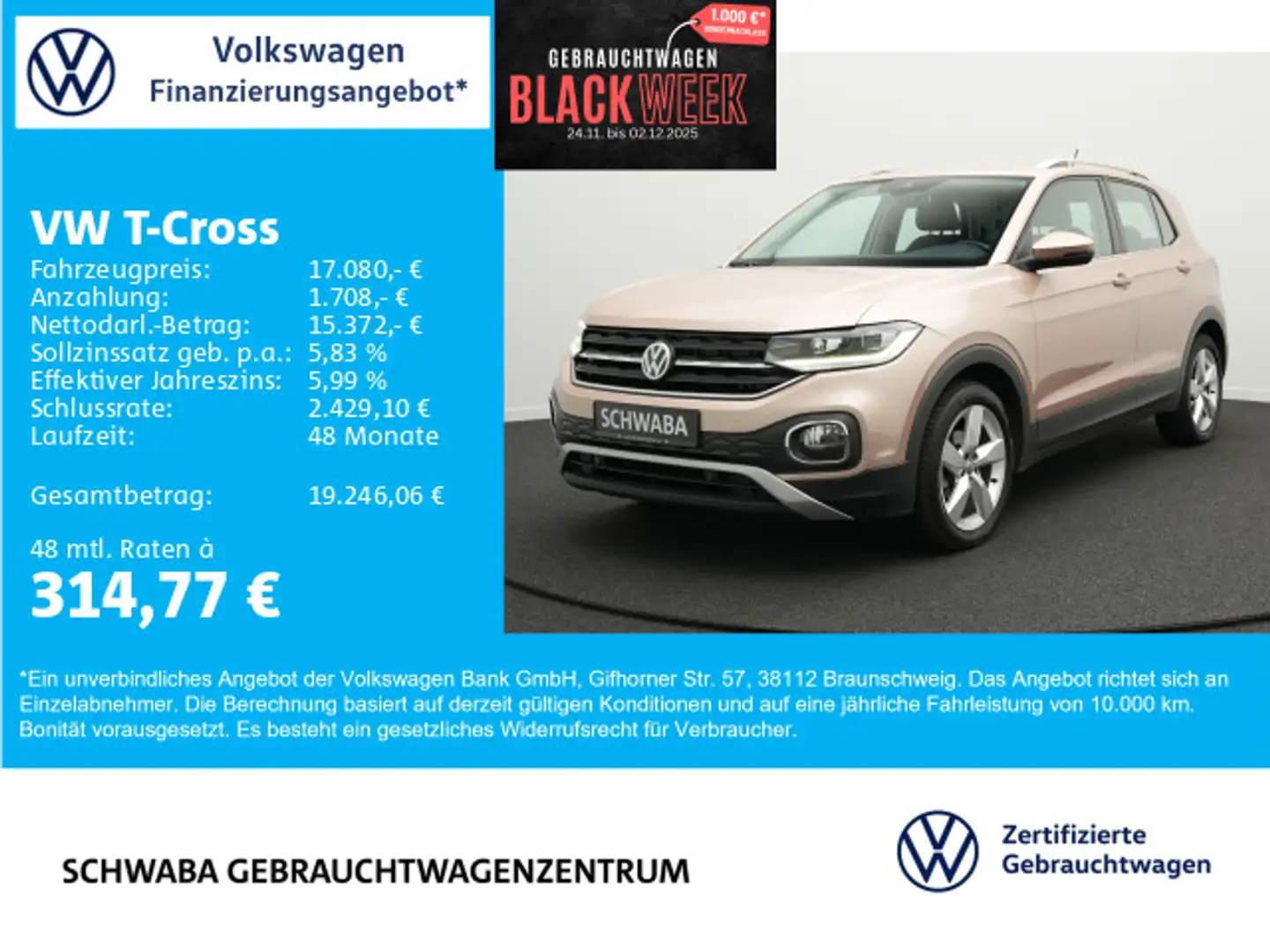 Volkswagen T-Cross Style 1.0 TSI DSG *ACC*LED*FRONT*SPUR*17 Beige - 1