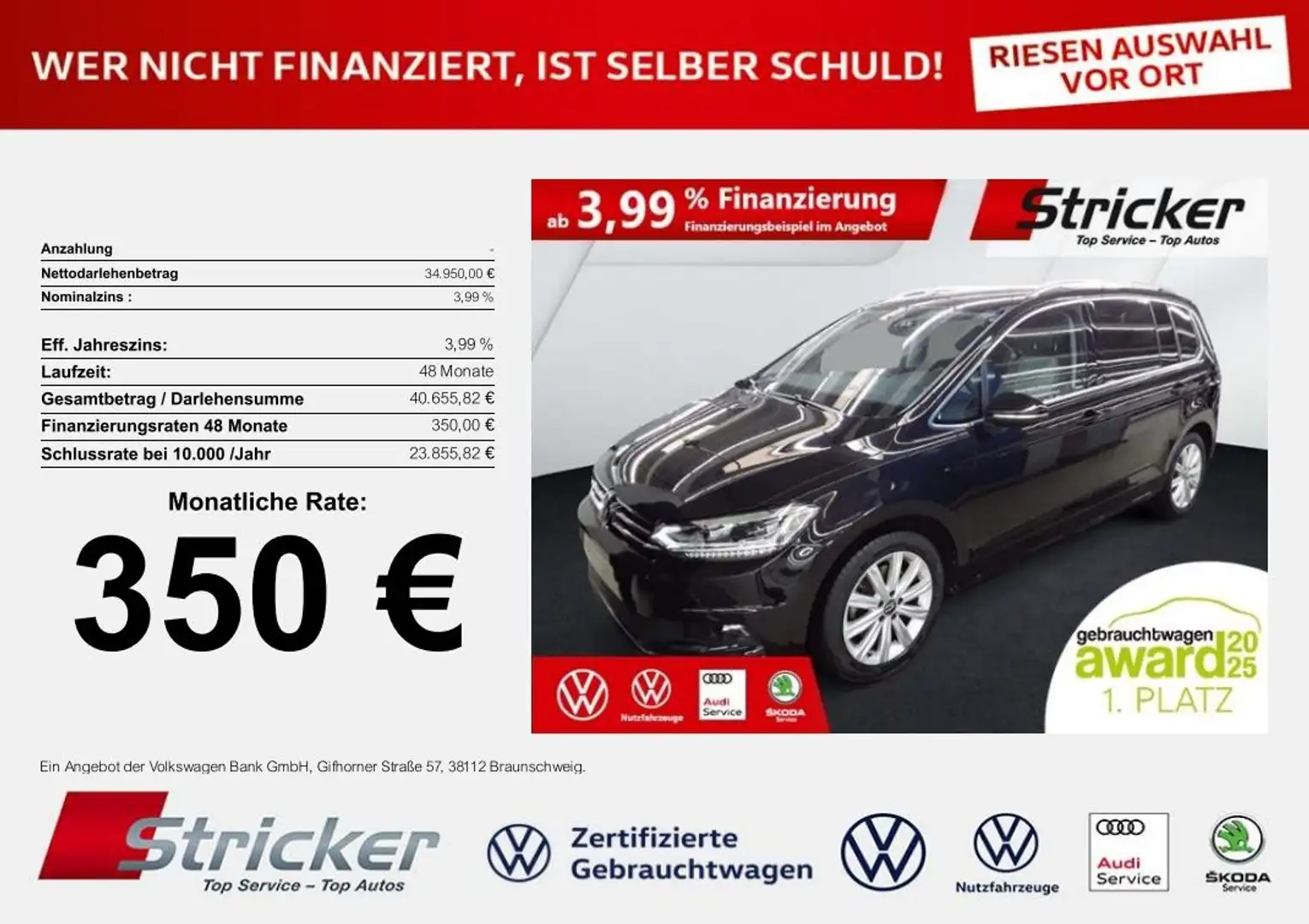 Volkswagen Touran Highline 2.0TDI DSG 350,-ohne Anzahlung AHK 7-Sit Schwarz - 1