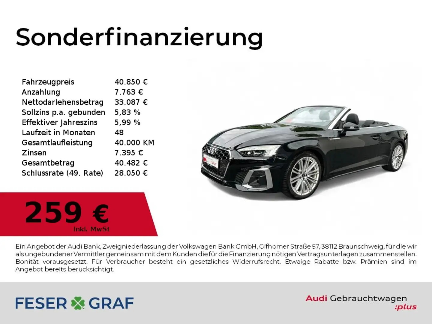 Audi A5 Cabriolet S line 40TFSI quattro Matrix/B&O/Navi Noir - 1