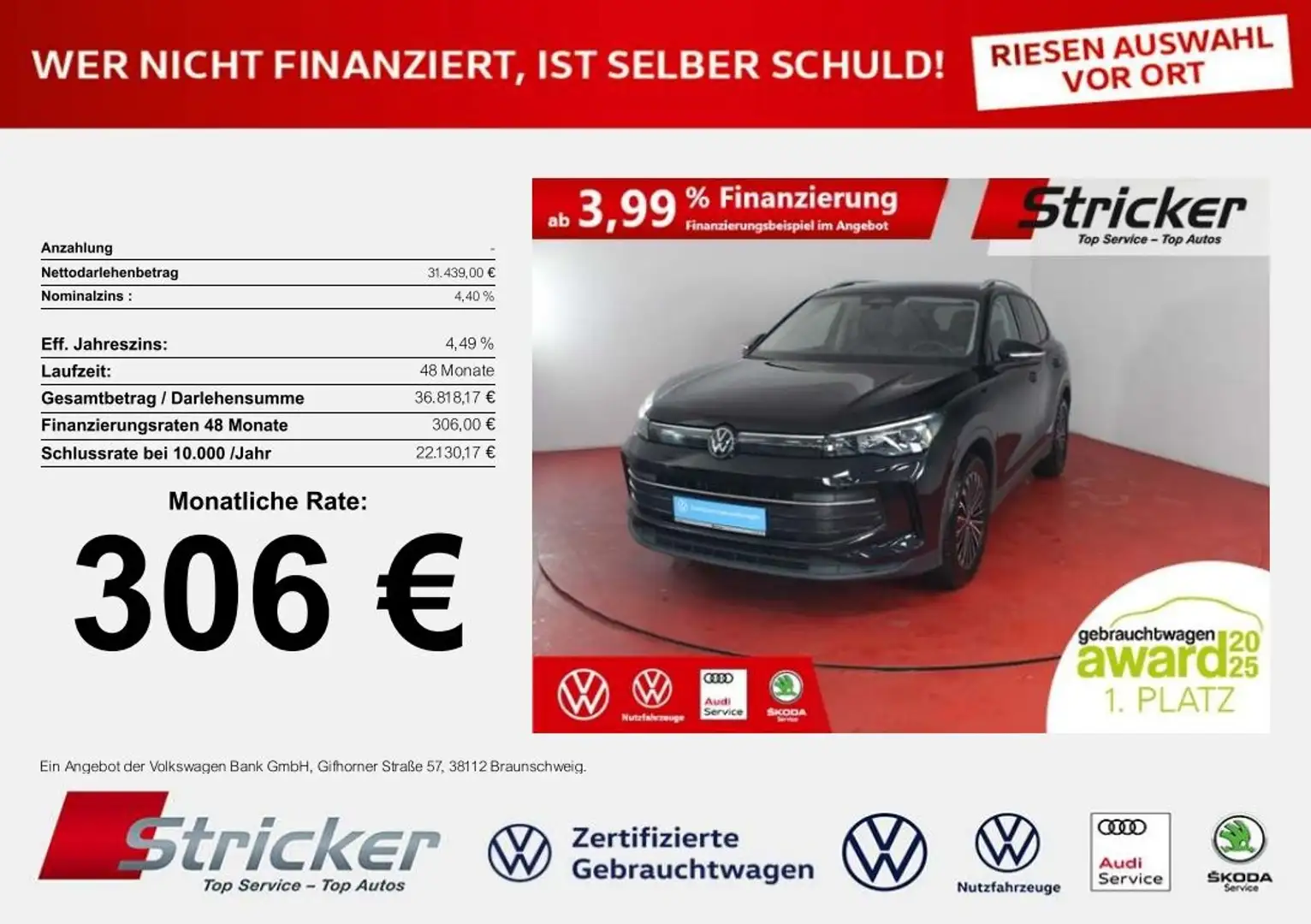 Volkswagen Tiguan Life 1.5eTSI DSG 306,-ohne Anzahlung Navi AHK Kam Schwarz - 1