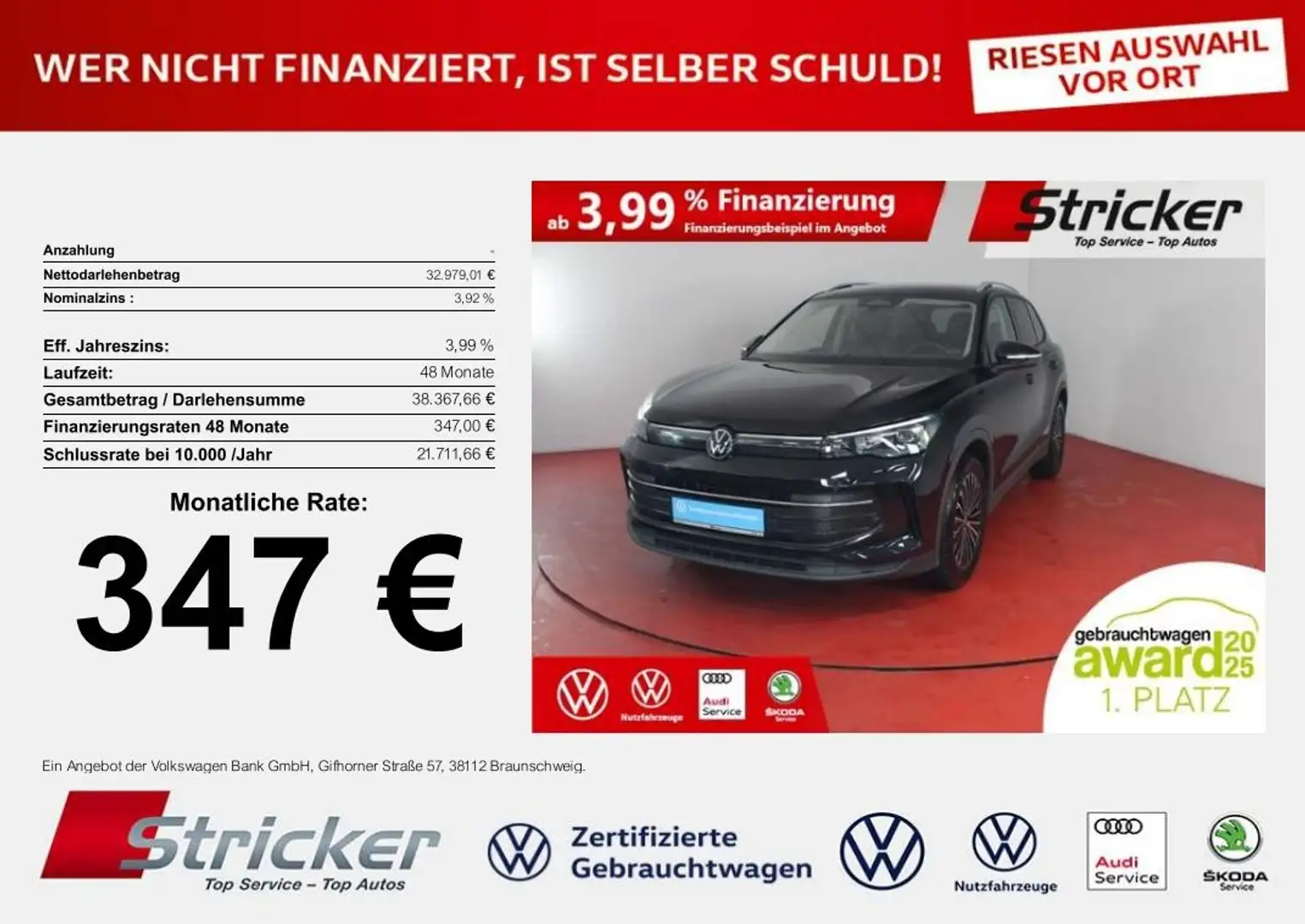 Volkswagen Tiguan Life 1.5eTSI DSG 347,-ohne Anzahlung Navi AHK Kam Schwarz - 1