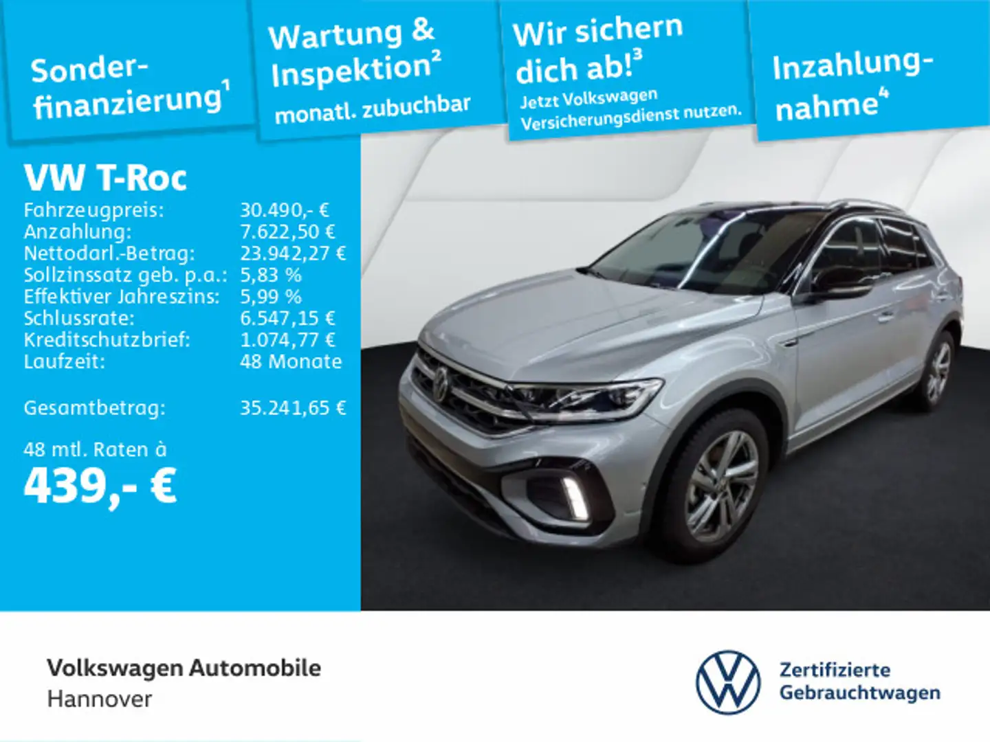 Volkswagen T-Roc 1.5 TSI DSG R-Line Navi AHK Kamera ACC LED Silber - 1