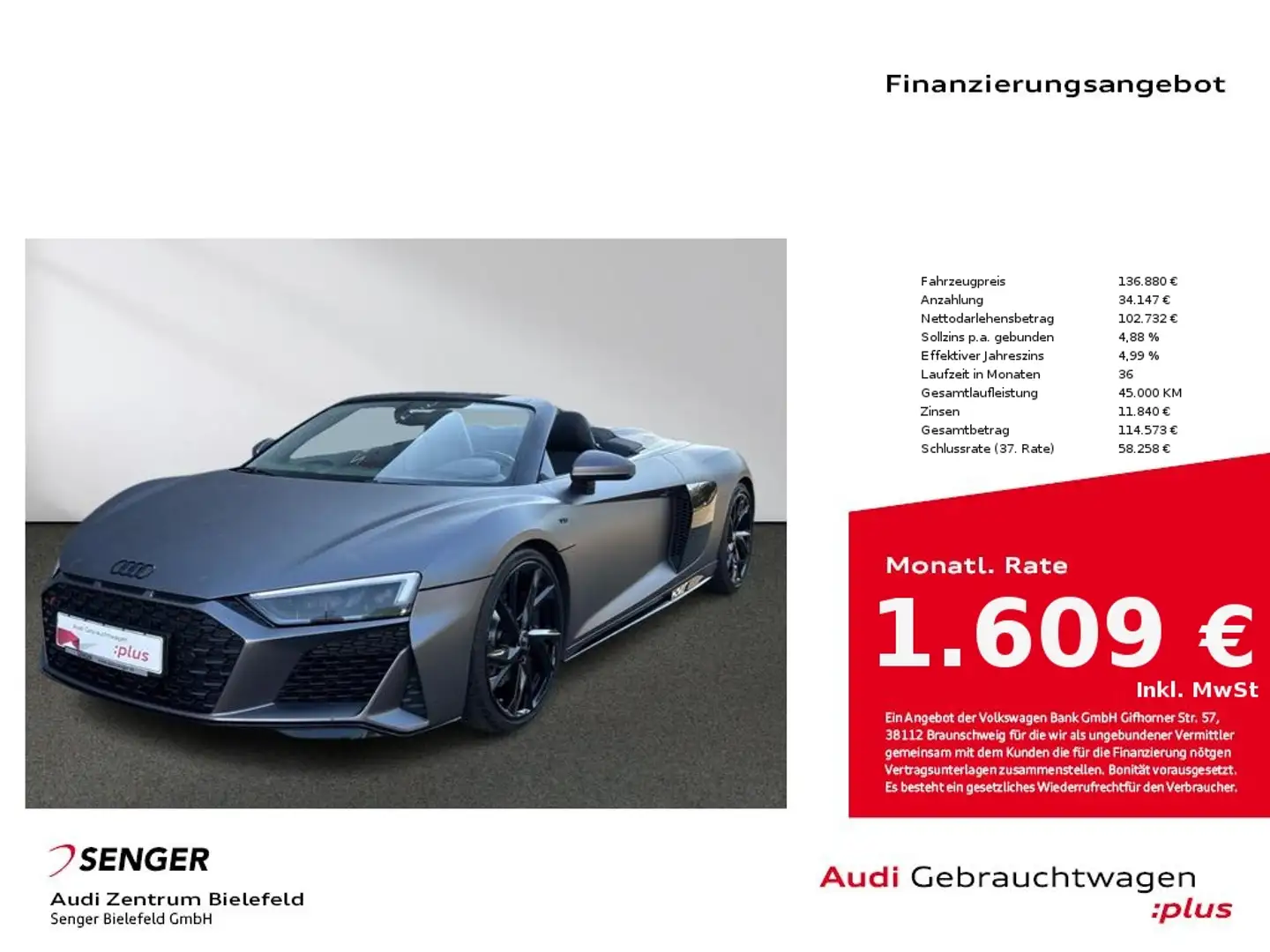 Audi R8 Spyder V10 performance 5.2 FSI B&O Foliert Gris - 1