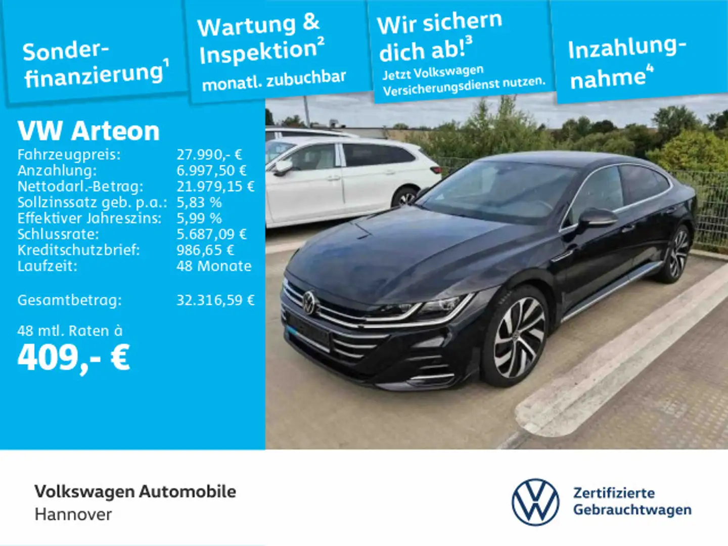 Volkswagen Arteon 2.0 TDI DSG R-Line Navi Kamera ACC LED Di Schwarz - 1