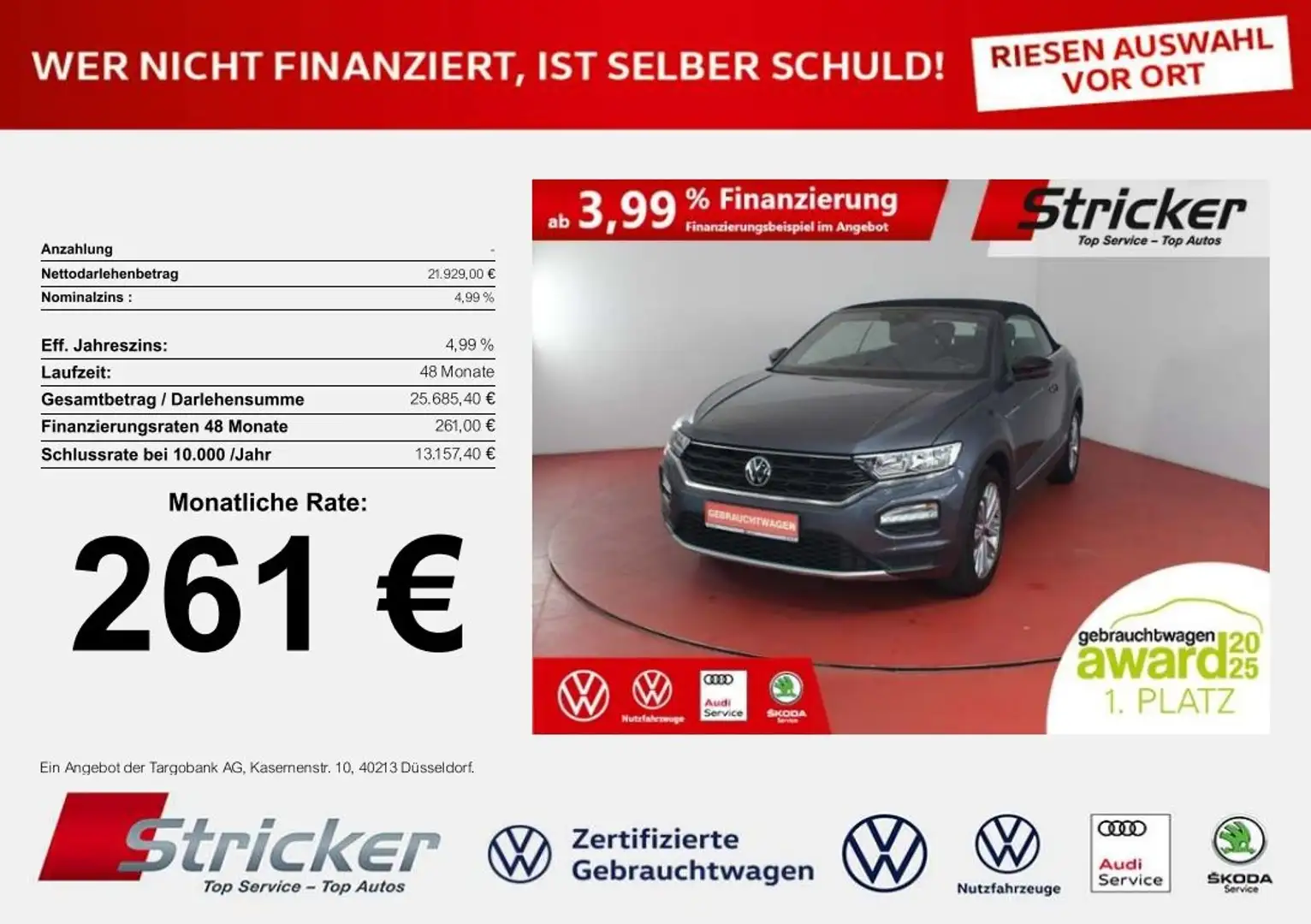 Volkswagen T-Roc Cabriolet 1.0TSI 261,-ohne Anzahlung Navi Kamera Grau - 1