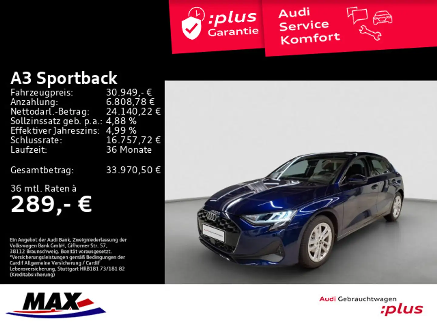Audi A3 30 TFSI LED+HUD+SONOS+MMI NAVI+ALU+ Blau - 1