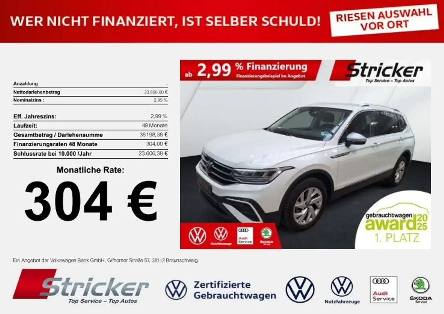 Volkswagen Tiguan Allspace Life 2.0TDI DSG 304,-ohne Anzahlung 7-Sitzer AHK Weiß - 1