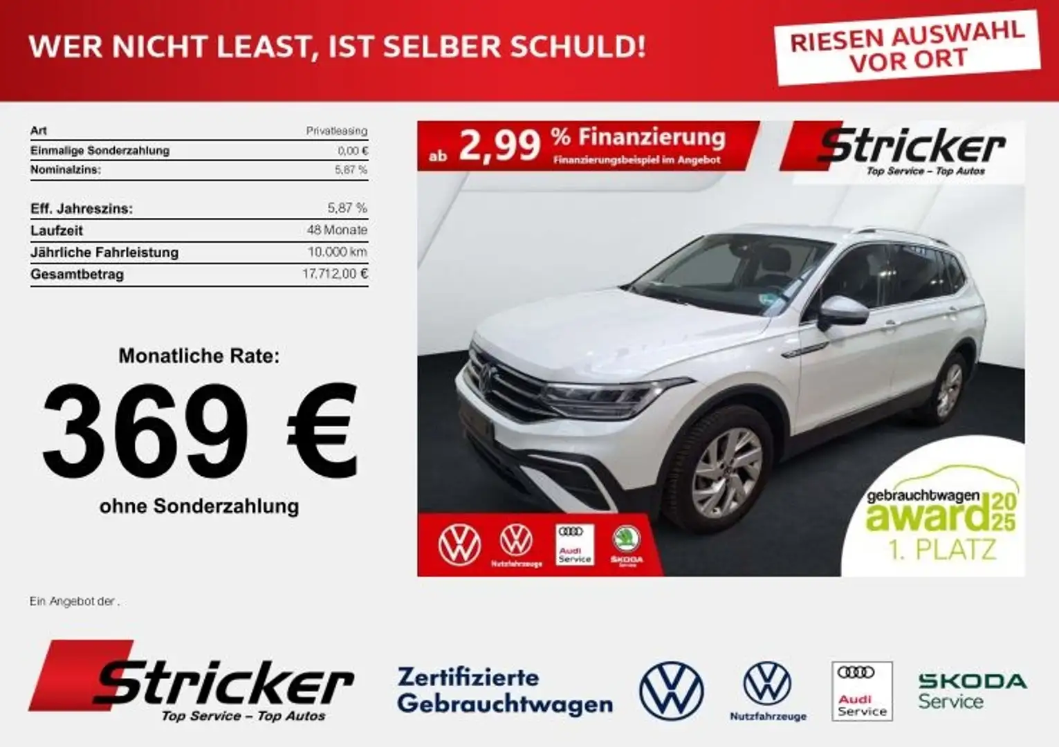 Volkswagen Tiguan Allspace Life 2.0TDI DSG 304,-ohne Anzahlung 7-Sitzer AHK Weiß - 2