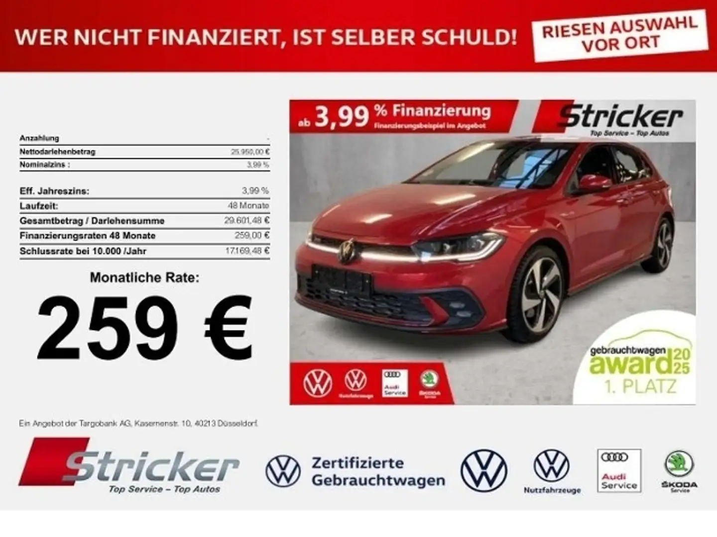 Volkswagen Polo GTI 2.0TSI DSG 259,-ohne Anzahlung ACC App-Connec Rot - 1