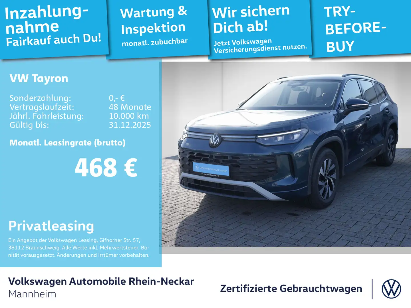Volkswagen Tayron 1.5 eTSI Life DSG GAR 2030 App-Connect AH Blau - 1