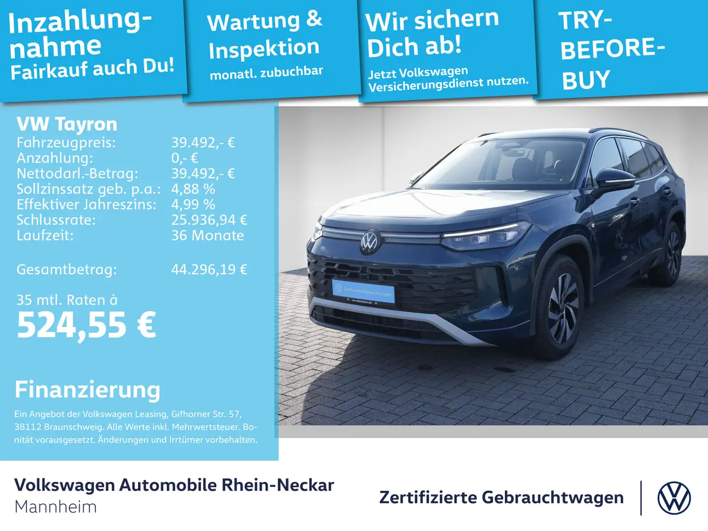 Volkswagen Tayron 1.5 eTSI Life DSG GAR 2030 App-Connect AH Bleu - 1