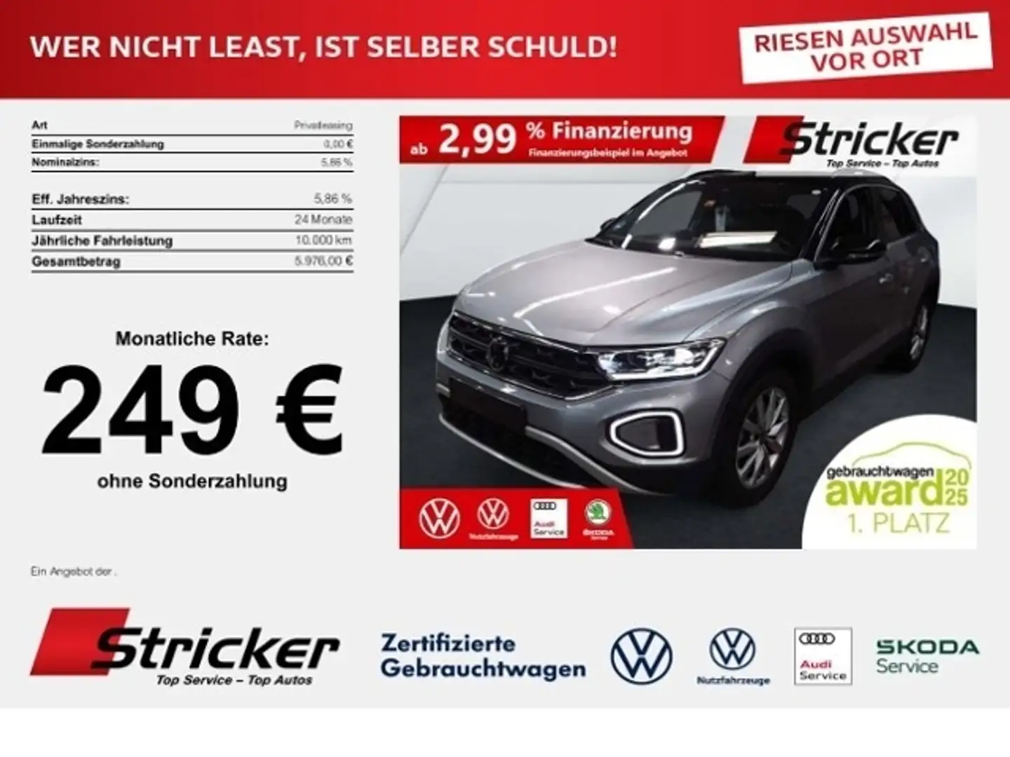 Volkswagen T-Roc GOAL 2.0TDI DSG 249,-ohne Anzahlung Navi AHK Kame Silber - 1