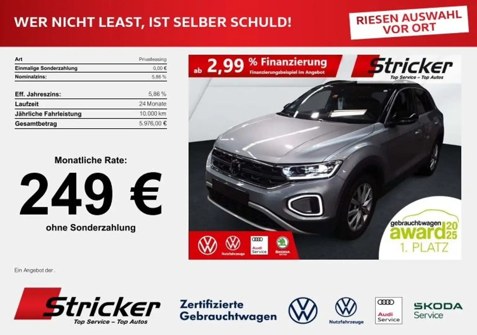 Volkswagen T-Roc GOAL 2.0TDI DSG 249,-ohne Anzahlung Navi AHK Kame Silber - 2
