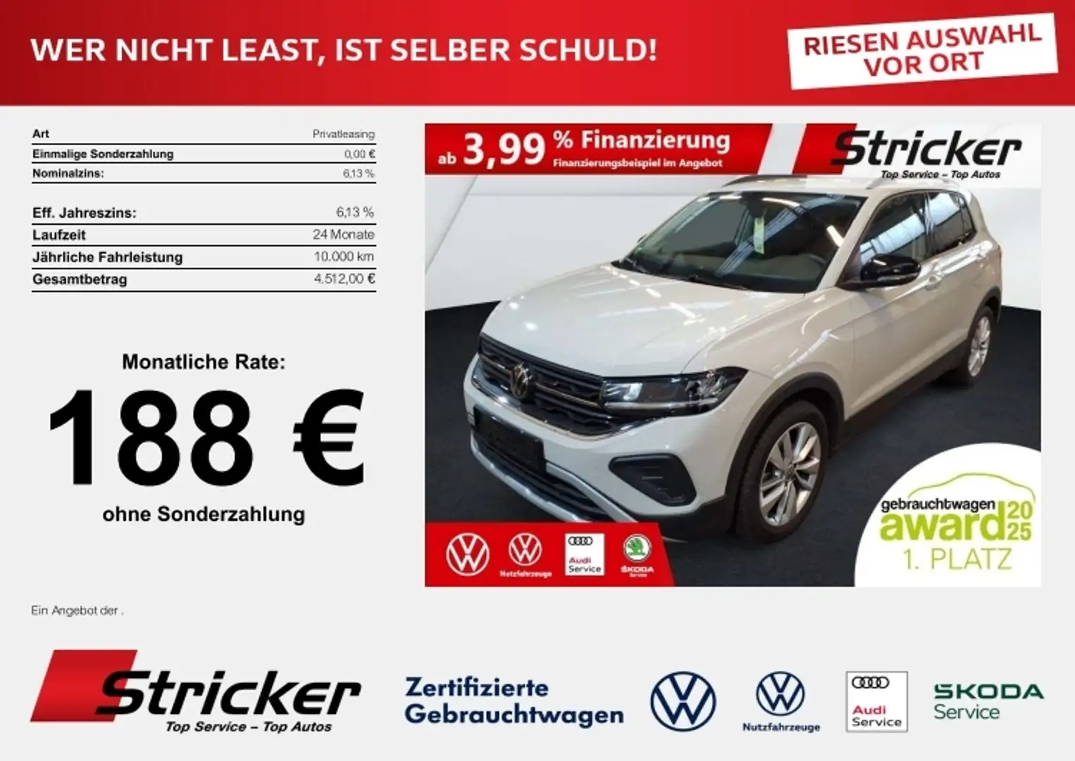 Volkswagen T-Cross Goal 1.0TSI 188,-ohne Anzahlung Travel App-Connec Grau - 1