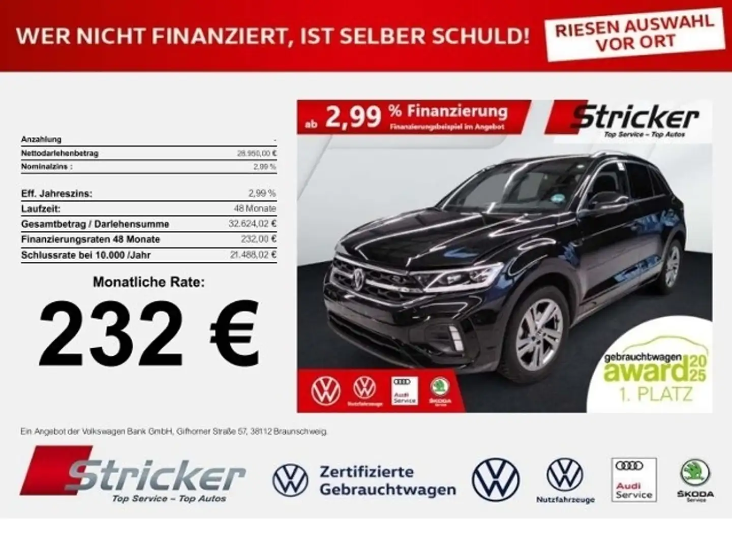 Volkswagen T-Roc R-Line 1.5TSI DSG 232,-ohne Anzahlung Navi AHK Ka Schwarz - 1