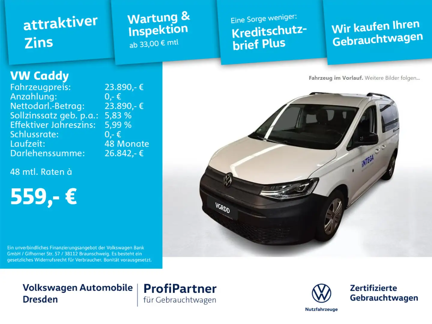Volkswagen Caddy Basis 2,0 TDI KLIMA LED NAV AHZV KAMERA Weiß - 1