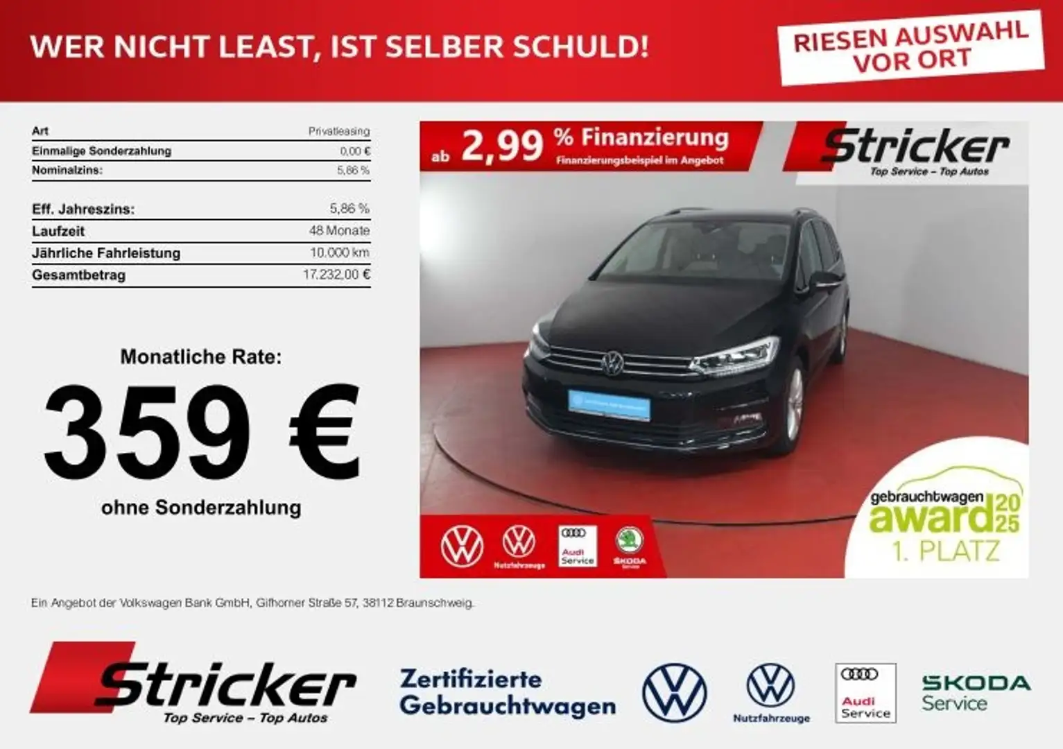 Volkswagen Touran Highline 2.0TDI DSG 294,-ohne Anzahlung 7-Sitzer Schwarz - 2