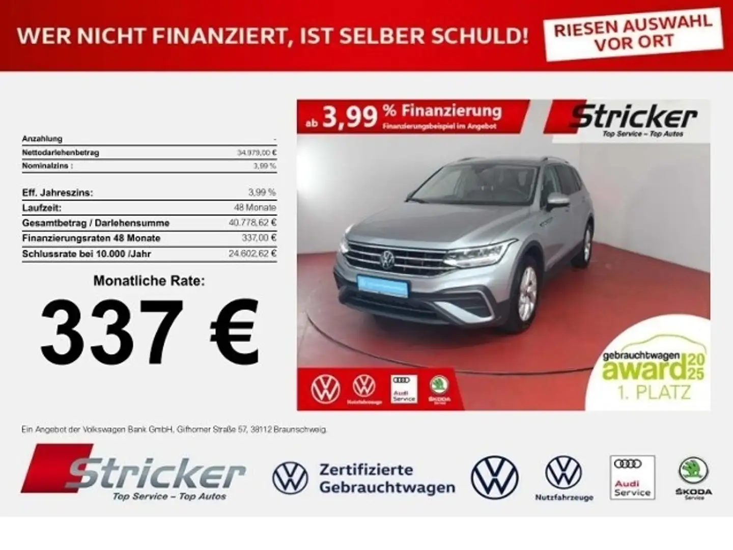 Volkswagen Tiguan Allspace Life 2.0TDI DSG 337,-ohne Anzahlung AHK 7-Sitzer Silber - 1
