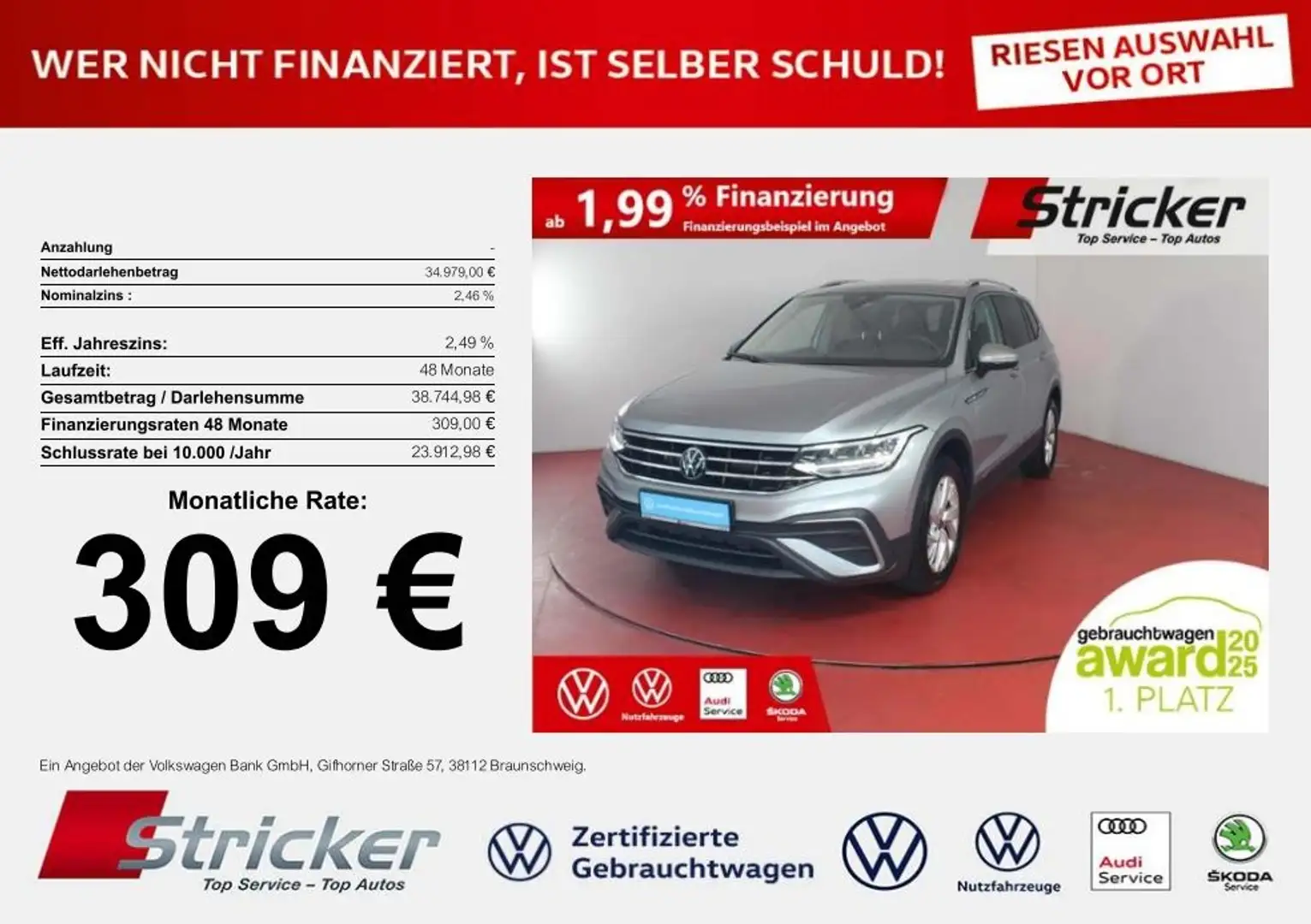 Volkswagen Tiguan Allspace Life 2.0TDI DSG 309,-ohne Anzahlung AHK 7-Sitzer Silber - 1