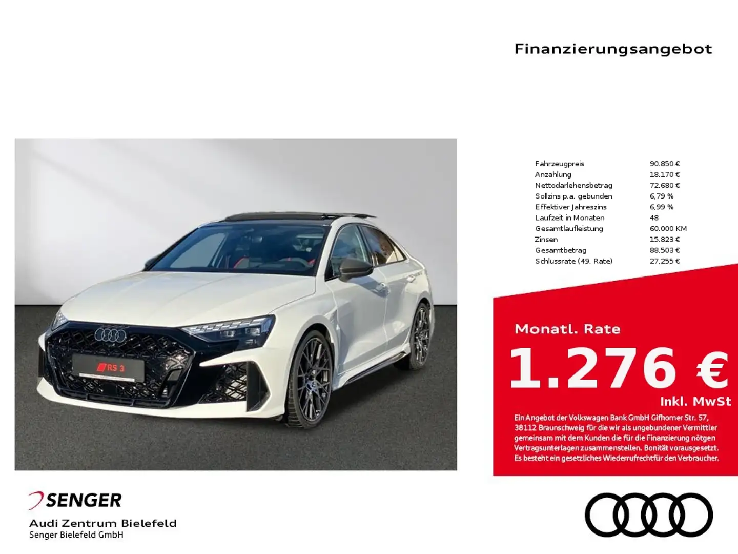 Audi RS3 Limousine 280 km/h Matrix-LED Navi Memory Weiß - 1