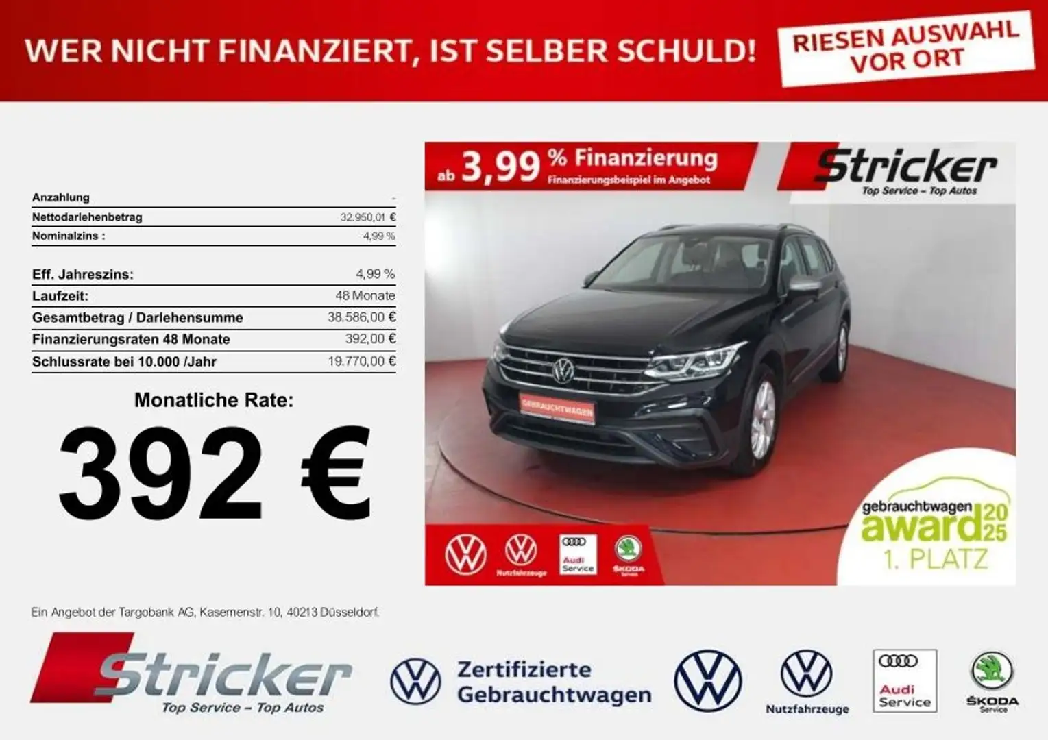 Volkswagen Tiguan Allspace Life 2.0TSI DSG 4M 392,-ohne Anzahlung AHK Kamera Чорний - 1