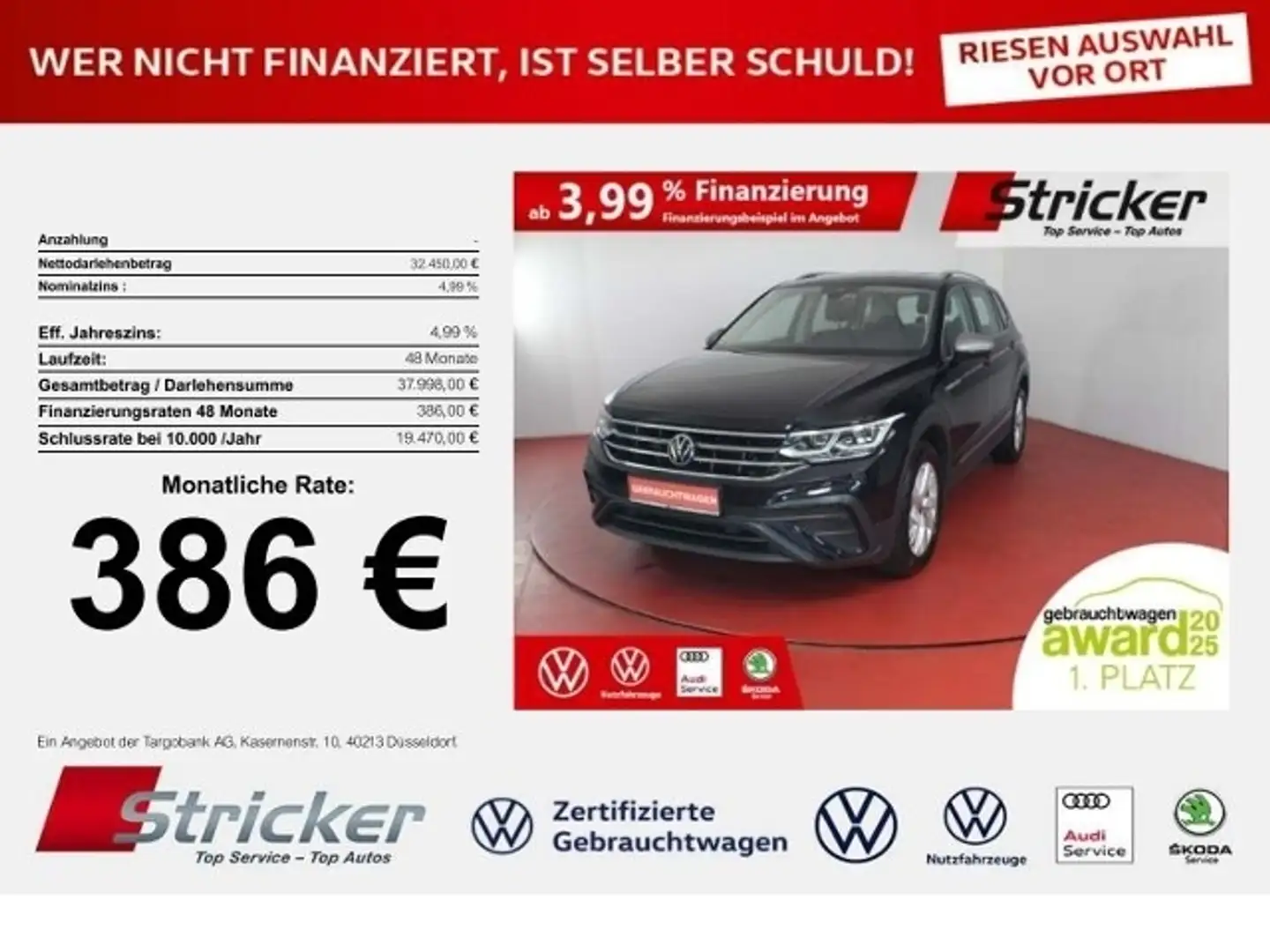 Volkswagen Tiguan Allspace Life 2.0TSI DSG 4M 386,-ohne Anzahlung AHK Kamera Чорний - 1