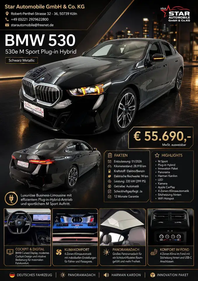 BMW 530 e M Sport Plug-in Hybrid 2,0/140PS Head-Up NAVI TEMP SITZH Harman Kardon 360° Kamera, миниатюра 2