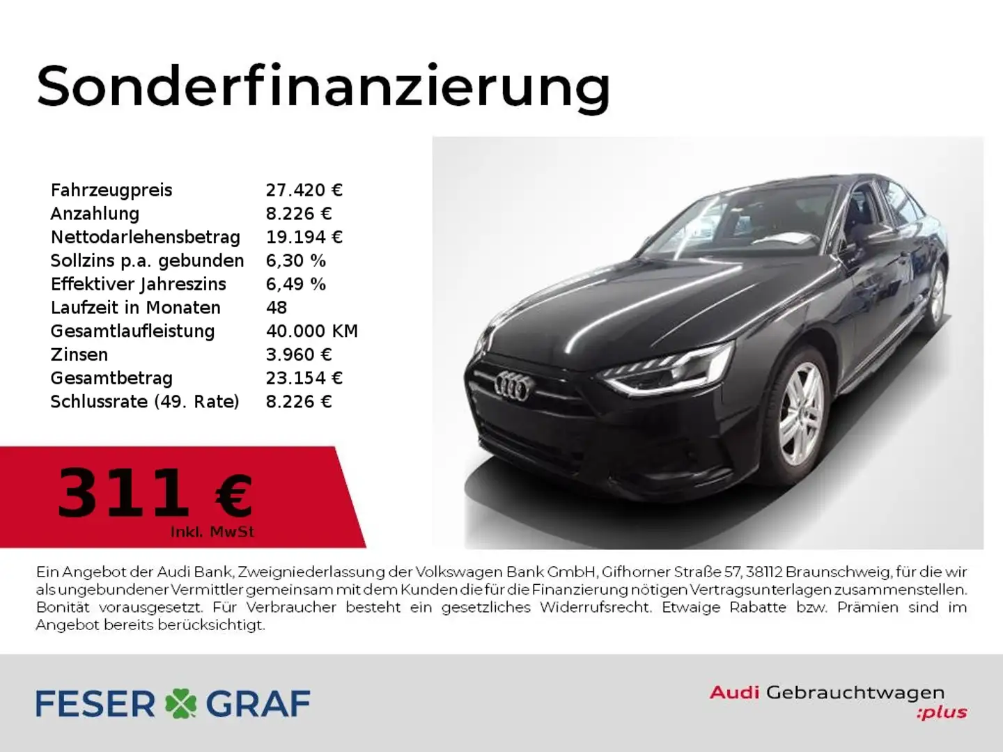 Audi A4 Lim 40 TDI S tronic Adv Navi,LED,Leder,Sortsitze Schwarz - 1