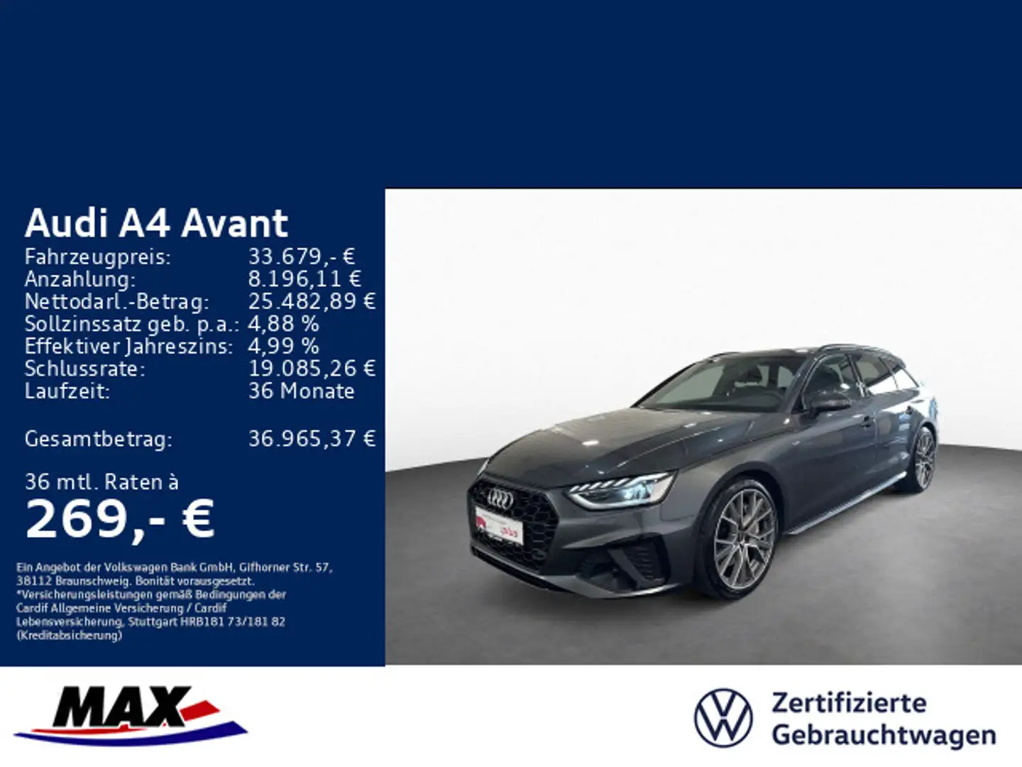 Audi A4 45 TFSI QUATT S LINE LED+PANO+MMI NAVI+ Grau - 1