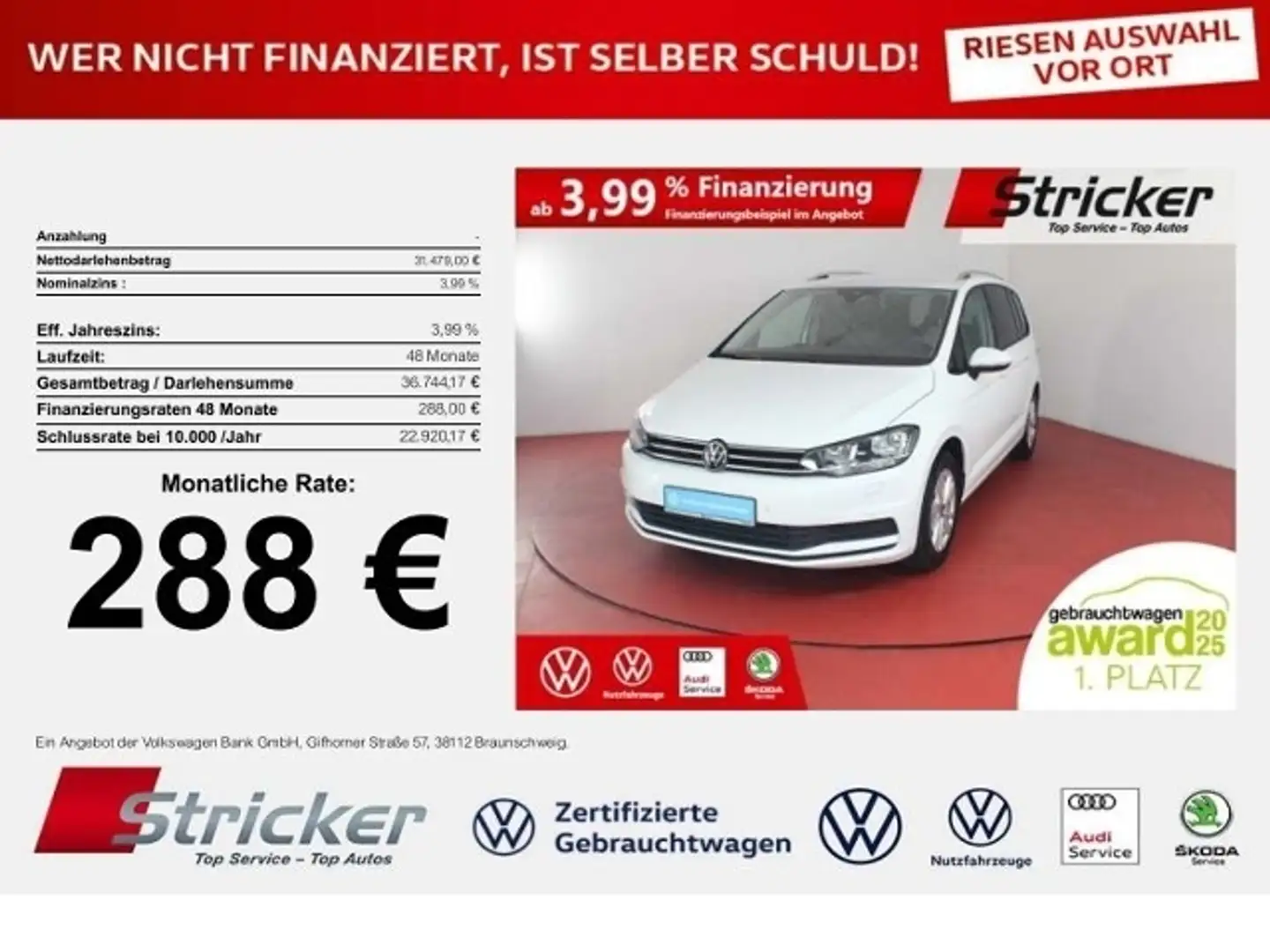 Volkswagen Touran Comfortline 1.5TSI DSG 288,-ohne Anzahlung 7-Sitz Weiß - 1