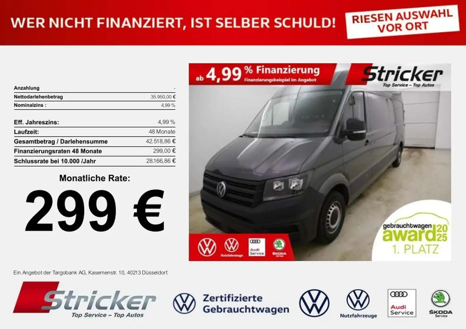 Volkswagen Crafter Kasten 35 lang 2.0TDI 299,-ohne Anzahlung Einpark Gris - 1