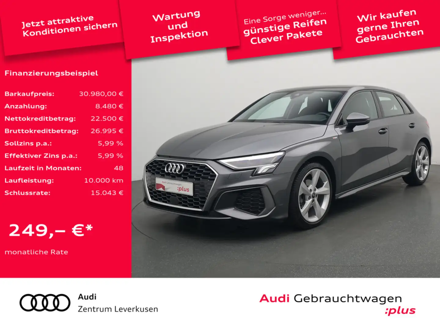 Audi A3 Sportback S line S-TRON AHK PANO NAVI B&O Grau - 1