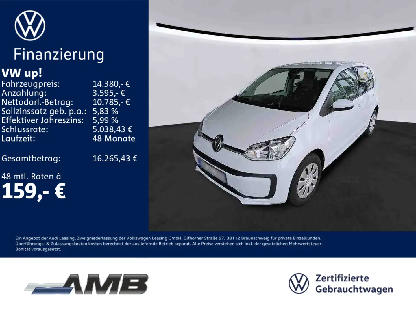 Volkswagen up! 1.0 Navi/Klima/4Türen Weiß - 1