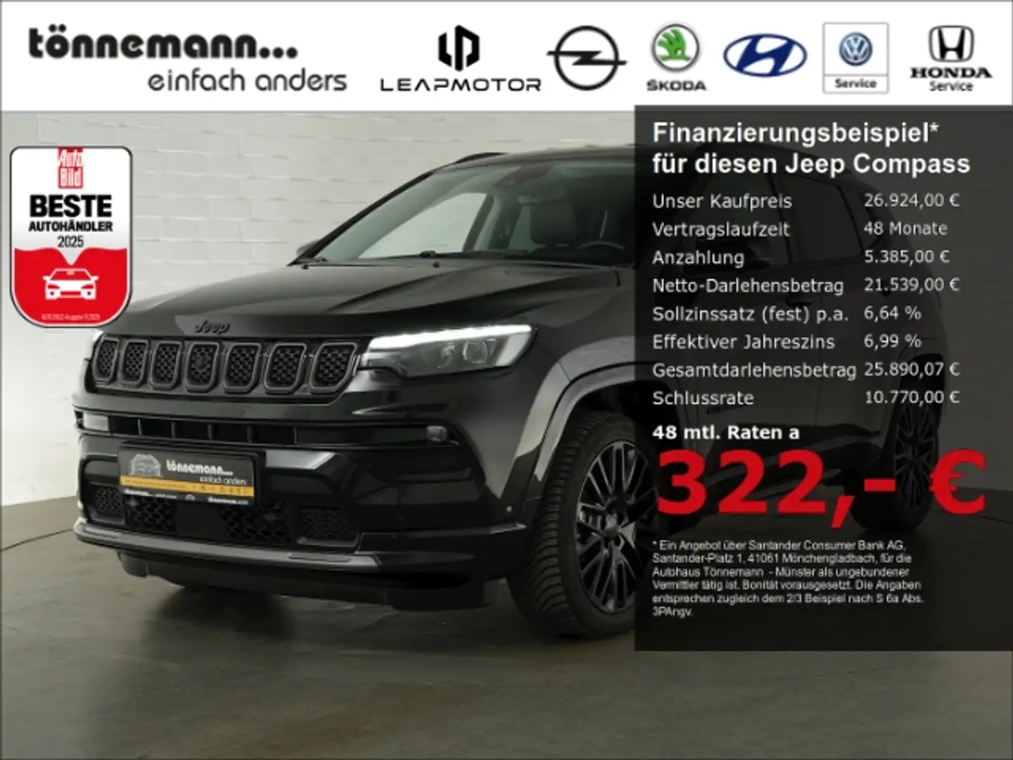 Jeep Compass S MHEV DCT+LED+NAVI+360 GRAD KAMERA+SITZ-/LENKRADH Zwart - 1