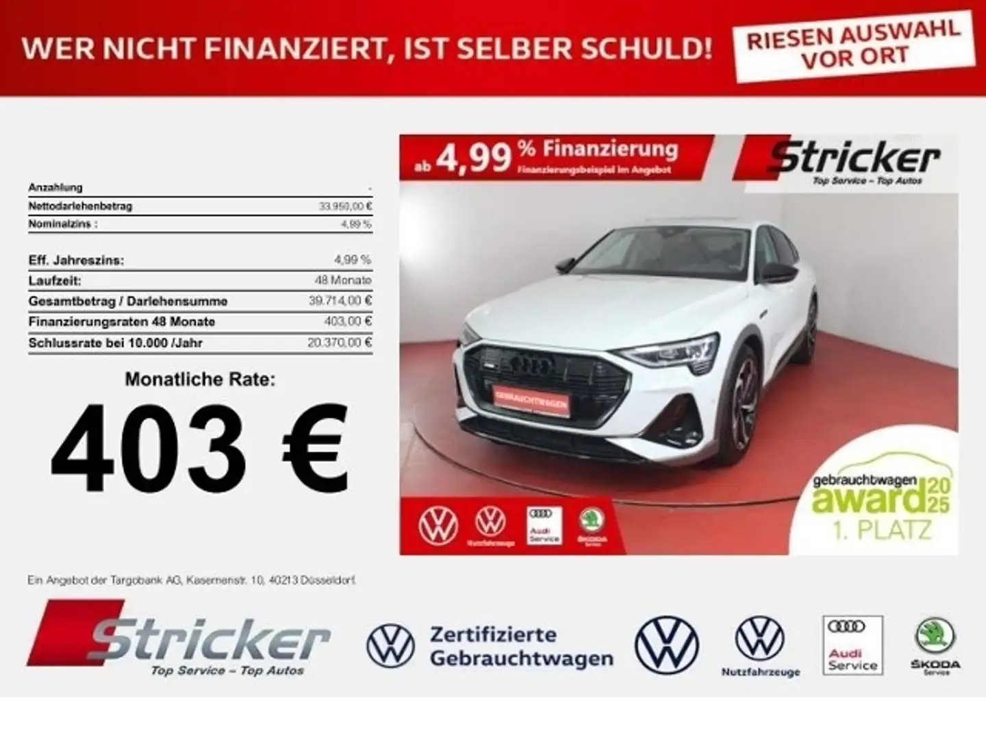 Audi e-tron Sportback S-line 55 quattro 403,-ohne Anzahlung P White - 1