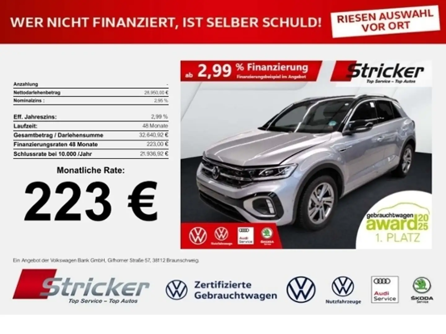 Volkswagen T-Roc R-Line 1.5TSI DSG 223,-ohne Anzahlung Navi AHK Ka Silber - 1