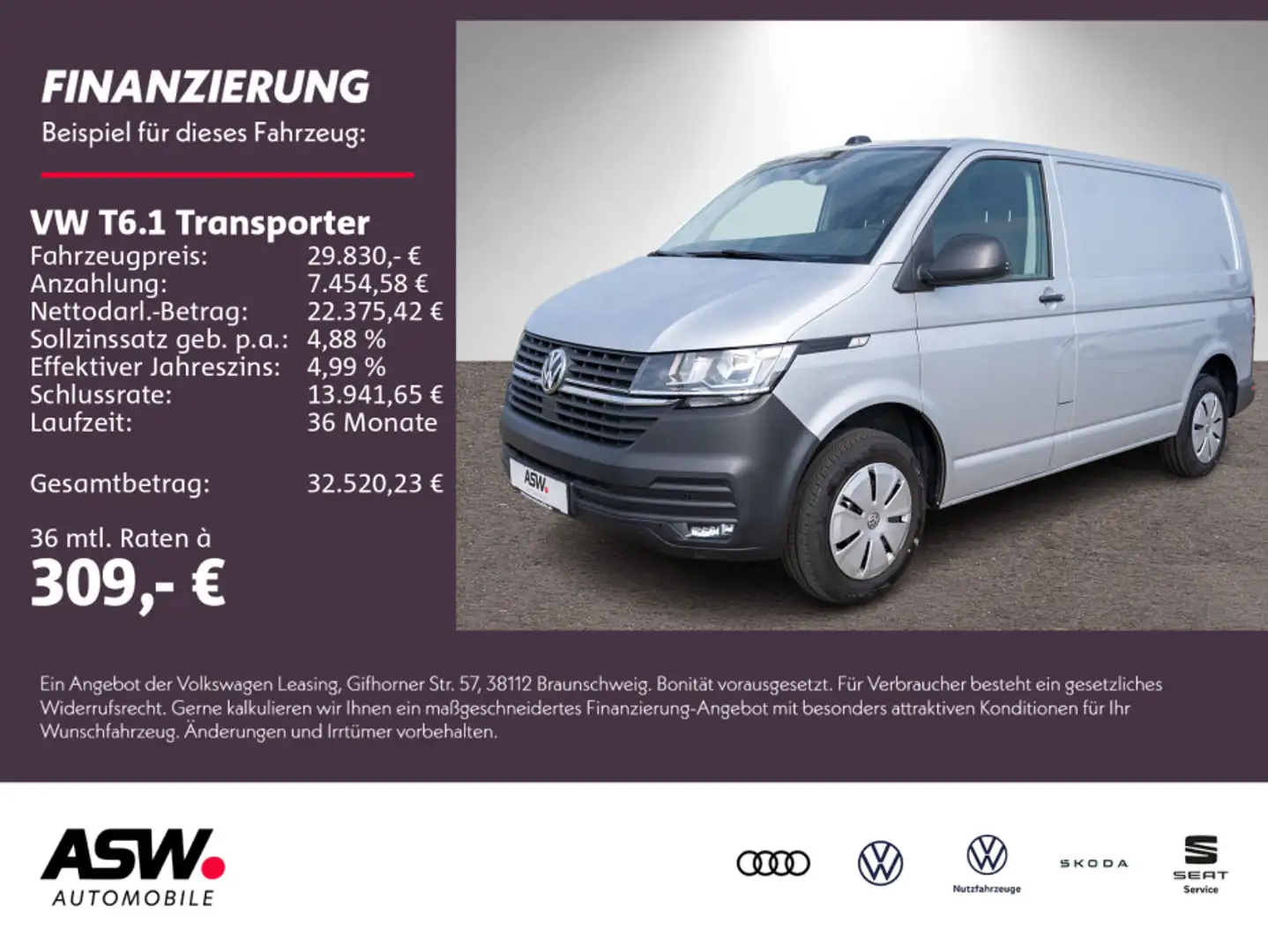 Volkswagen T6.1 Transporter T6.1 Kasten 2.0TDI DSG Navi RFK ACC AppConnect Silber - 1