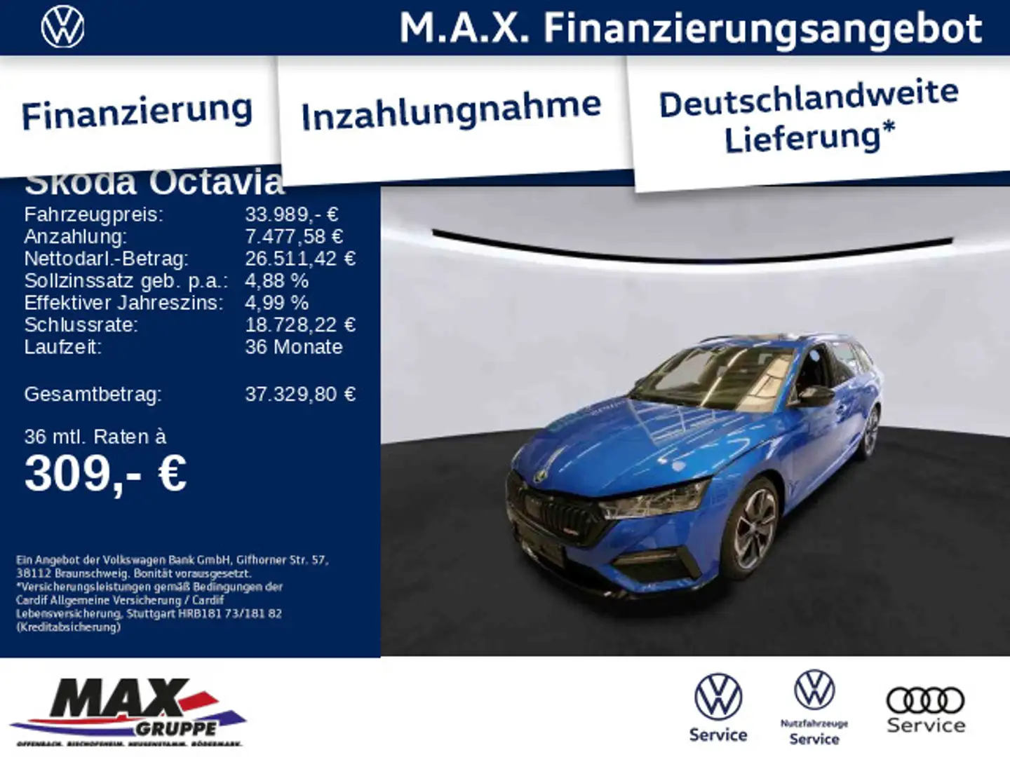 Skoda Octavia Combi 2.0 TDI RS DSG LED+PANO+DCC+STHZ+ Blau - 1