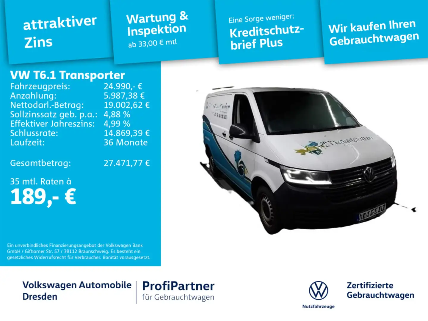 Volkswagen T6.1 Kasten 2,0 TDI KLIMA LED AHZV GRA PDC 3,2t Blanc - 1