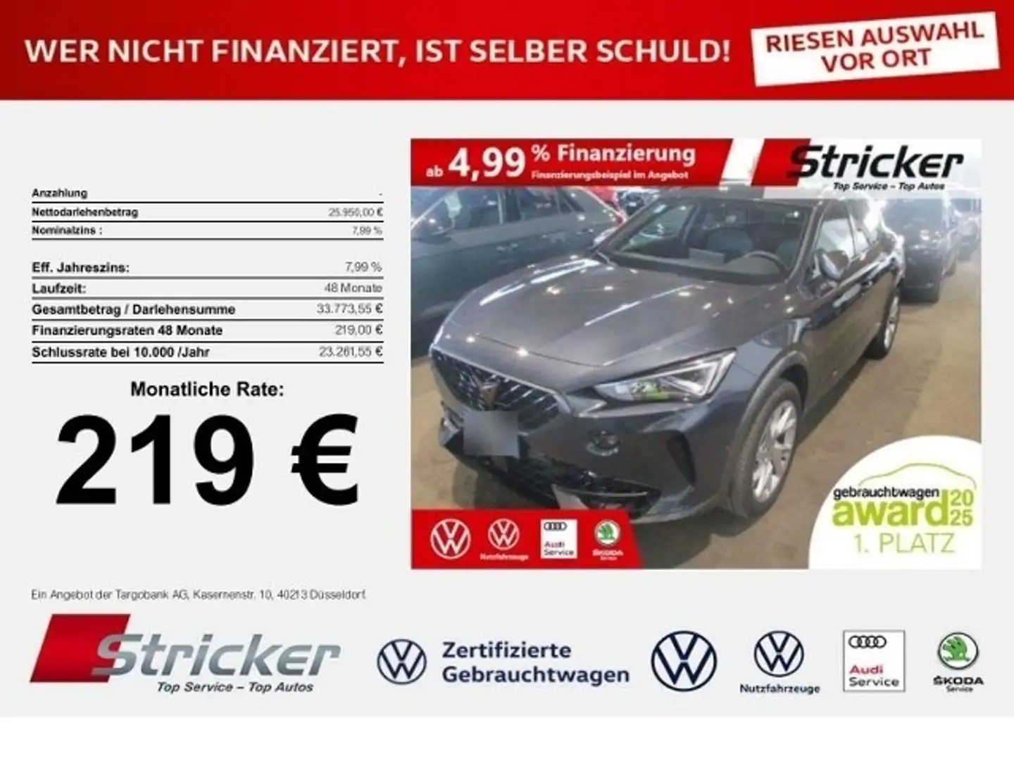 CUPRA Formentor 1.5TSI DSG 219,-ohne Anzahlung Kamera Navi Srebrny - 1