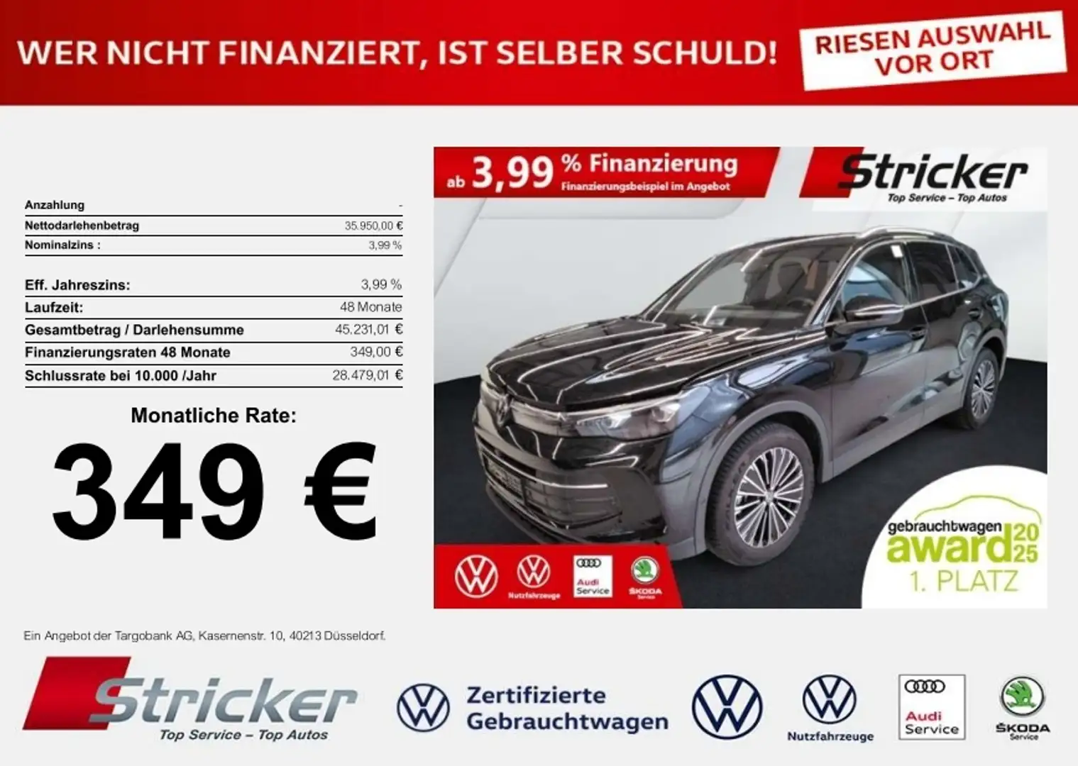 Volkswagen Tiguan Goal 2.0TDI DSG 349,-ohne Anzahlung Navi AHK Kame Schwarz - 1