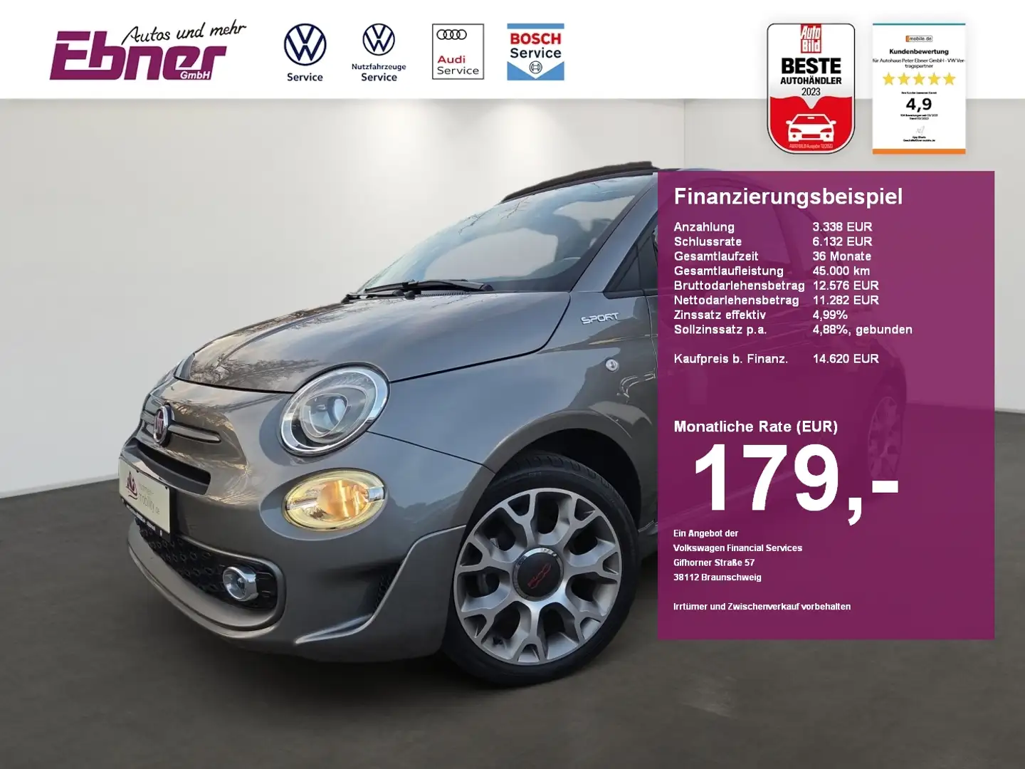 Fiat 500C SPORT MHD AC-AUTOM+PDC+GRA+NAVI-APP+BLUETOOTH+15 A Grau - 1