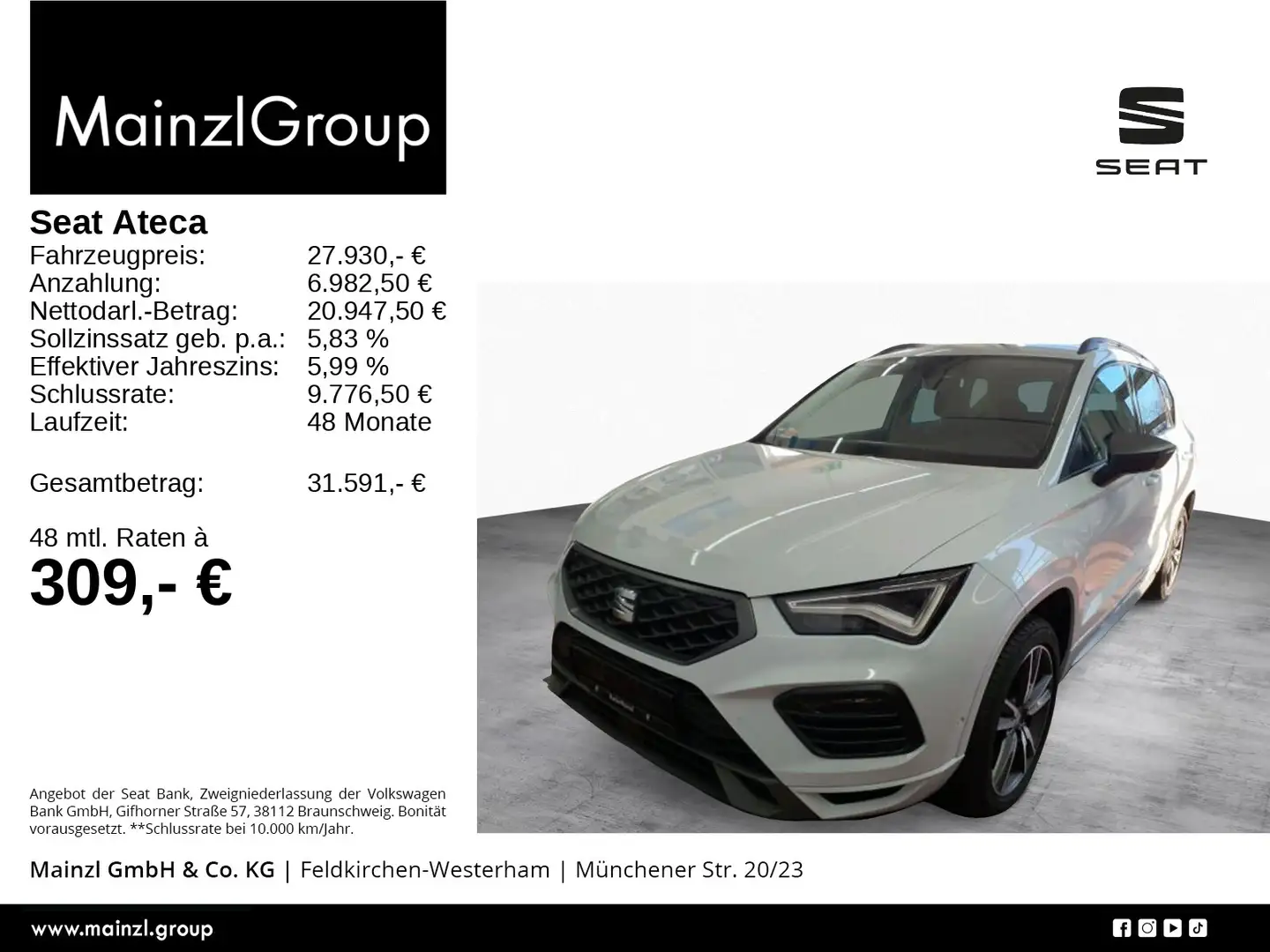 SEAT Ateca 2.0 TDI DSG FR AHK Navi SHZ Kamera Virtual Weiß - 1