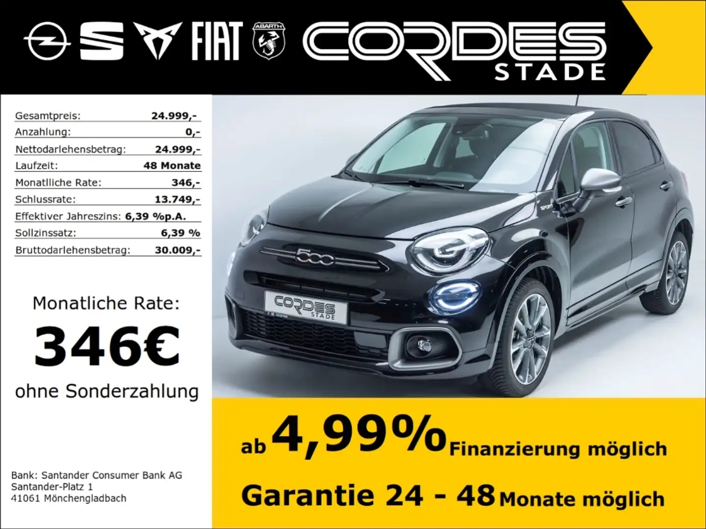 Fiat 500X Dolcevita Sport 1.5 GSE Mild-Hybrid Allwetter Auto Schwarz - 1
